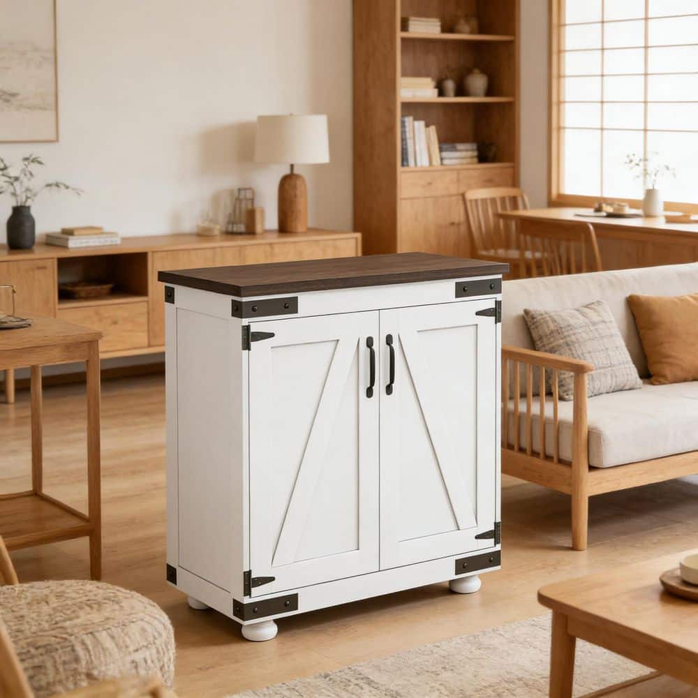Brown+Distressed White Wood Buffet, Farmhouse Barn Door, 5-Level Adjustable Shelf, Pine Legs, Anti-Tip Kit