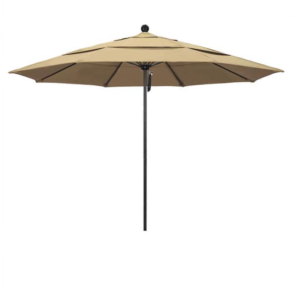 California Umbrella 11 ft. Black Aluminum Commercial Market Patio Umbrella with Fiberglass Ribs and Pulley Lift in Beige Pacifica