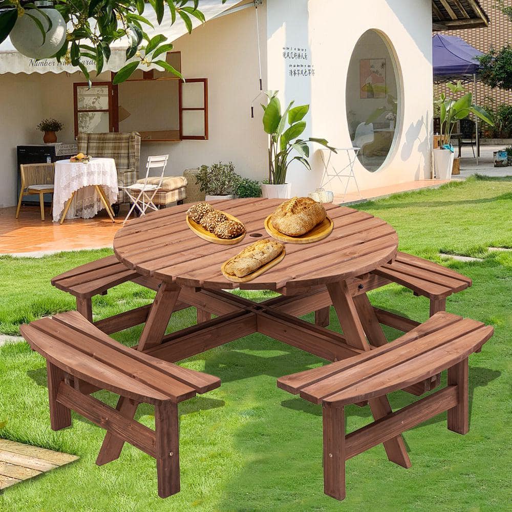 8-Person Round Natural Wood Frame 27.55 in. H Outdoor Dining Picnic Table w
