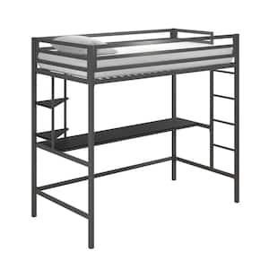 Maxwell Metal Twin Loft Bed with Desk and Shelves, Gray/ Black
