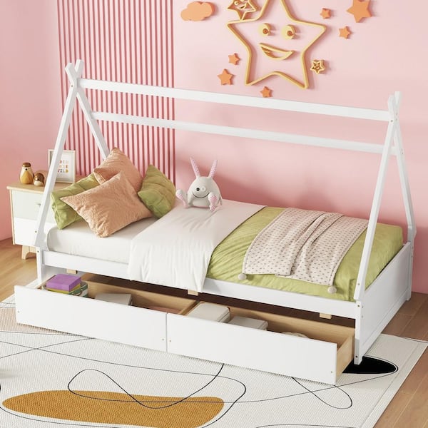 Harper & Bright Designs White Twin Size Roofed Platform Bed with Railing Rack and 2-Drawers