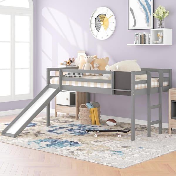 Qualler Gray Twin Size Loft Bed Wood Bed with Slide and Chalkboard