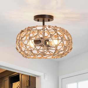 Trellis 14 in. 2-Light Rustic Jute Rope Semi Flush Mount Light with Brown Canopy