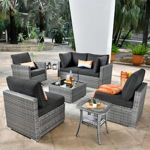 Sanibel Gray 7-Piece Wicker Patio Conversation Sofa Sectional Set with a Swivel Chair and Black Cushions