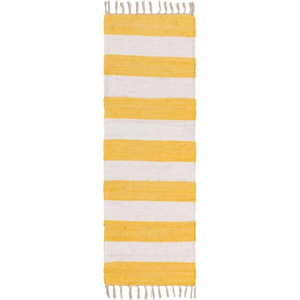 Unique Loom Chindi Rag Striped Yellow and Ivory 2 ft. 2 in. x 6 ft. 1 in. Area Rug