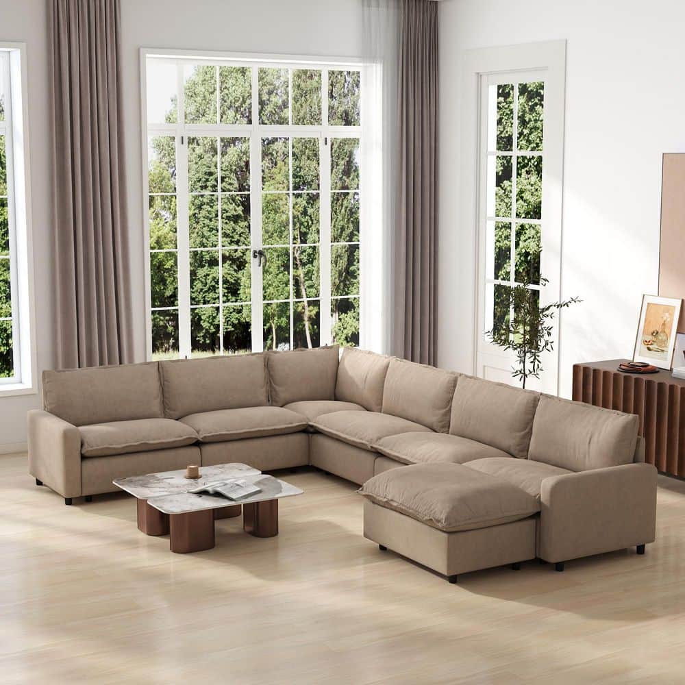 140.16 in. Square Arm 7-Piece Linen Modern Modular Sectional Sofa Spacious Living Room Couch with Ottoman in Brown