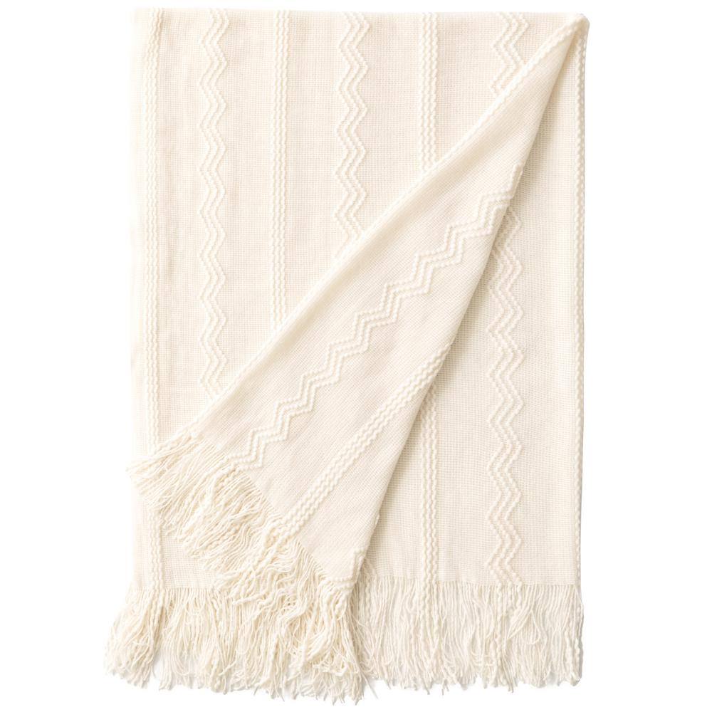 Cream Knitted Zigzag Pattern Throw Blanket with Fringe Edges