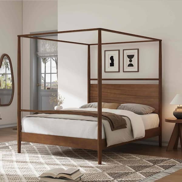 Polibi Walnut Solid Wood Frame Full Size Bed, Canopy Bed