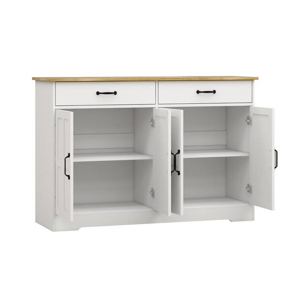 White Wood 48 in. Kitchen Island with Drawers, Farmhouse Buffet  