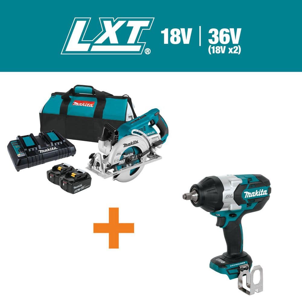 18V X2 LXT 5. 0Ah (36V) Brushless Rear Handle 7-1/4 in. Circ Saw Kit w/ bonus 18V Brushless 1/2 in. Drive Impact Wrench -  Makita, XSR01PT-XWT08Z