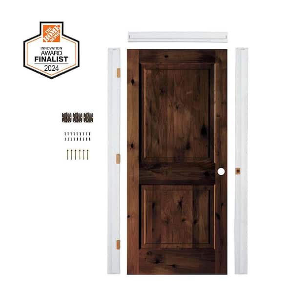 DIY 36 in. x 80 in. Alder Sq. Top Left-Hand Red Mahogany Stain Wood Single Interior Door Kit w/ Quick Assemble Jamb