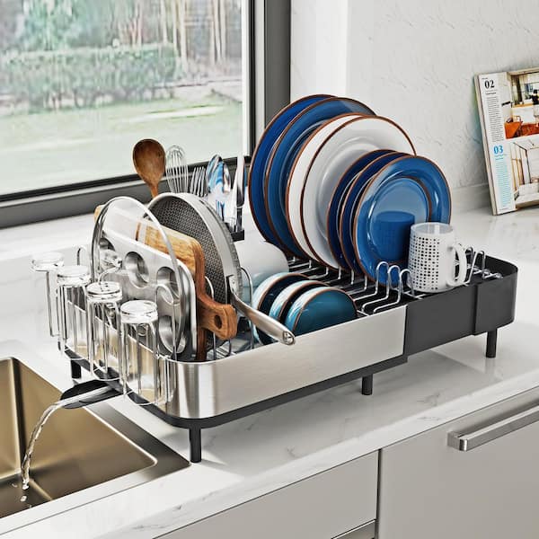 16-21.3in Expandable Stainless Steel Dish Drying Rack for Kitchen Counter with Versatile Brackets Black