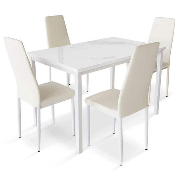 mieres Contemporary Modern 5-Piece Rectangle Faux Marble Top White Dining Table Set with 4-Cream Upholstered Dining Chairs