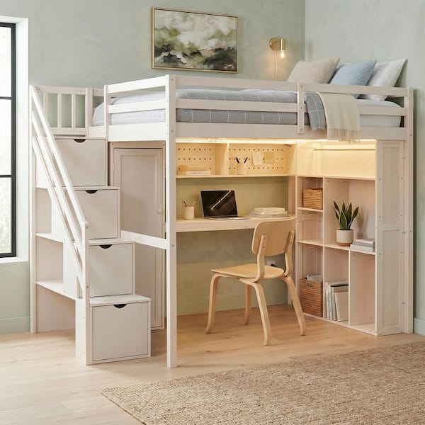 Beige Full Wood Loft Bed with Built-In Wardrobe, Study Desk, Storage Shelves and Lights