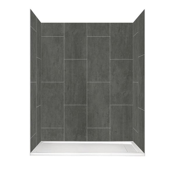 Glacier Bay 60 in. L x 32 in. W x 78 in. H 4-Piece Glue Up Alcove Shower Wall and Right Concealed Drain Base in Gray Slate