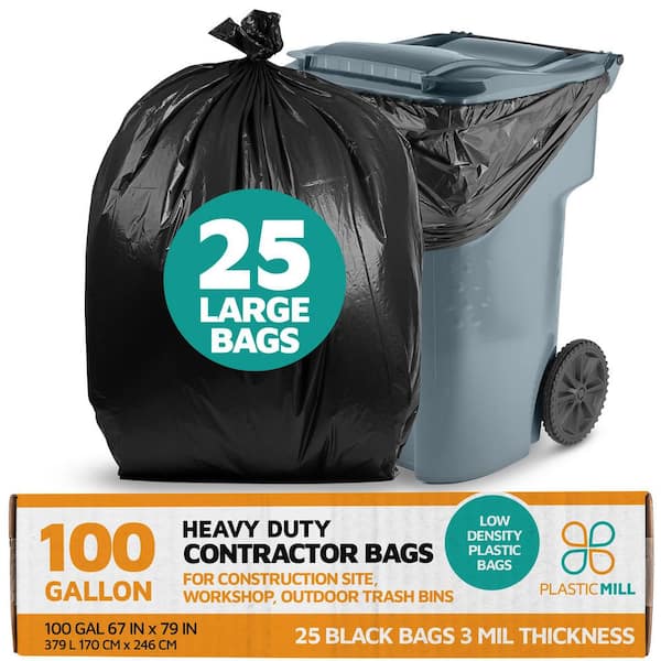 PlasticMill 67 in. W x 79 in. H. 100 Gal. 3 mil Black Contractor Bags (25-Count)