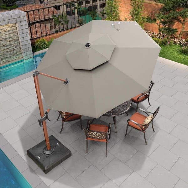 PURPLE LEAF 11 ft. Sunbrella Aluminum Octagon 360° Rotation Wood Pattern Cantilever Outdoor Patio Umbrella With Base, Gray