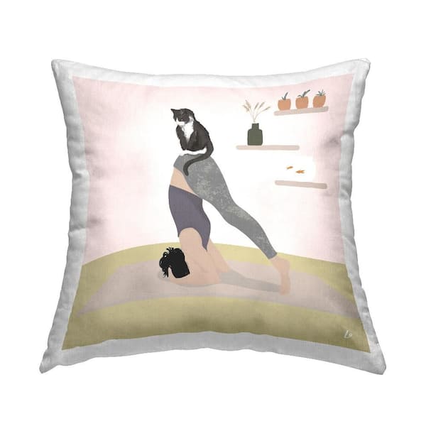 Stupell Industries Downward Cat Yoga Pose Grey Print Polyester 18 in. X 18in. Throw Pillow