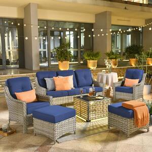Palffy Gray 6-Piece Wicker Patio Conversation Seating Set with Navy Blue Cushions and Coffee Table