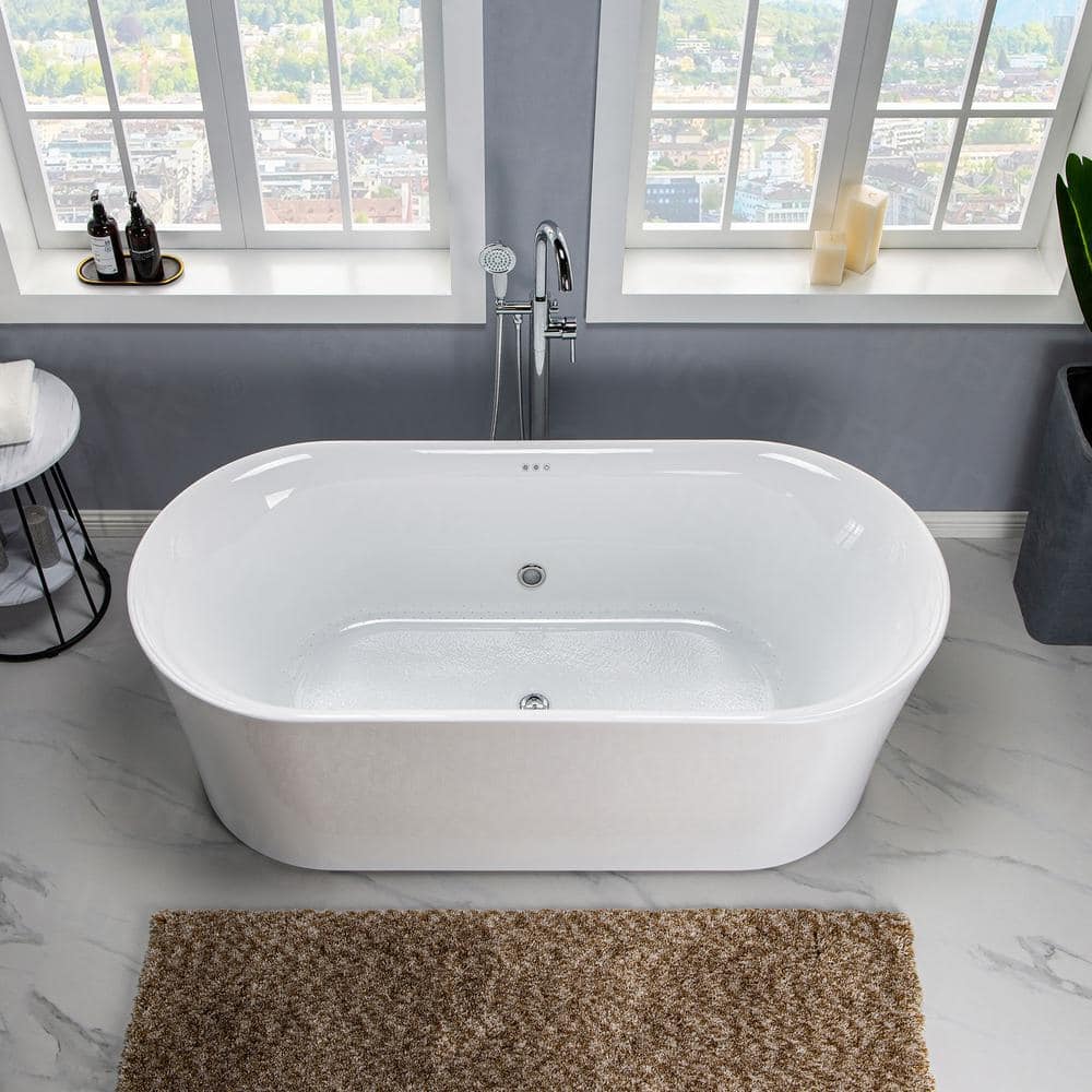 67'' White Acrylic Freestanding Air Soaking Bathtub with 208 Jets