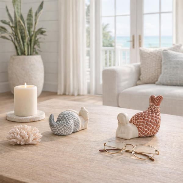 White 8 in. x 3 in. Ceramic Novelty Coastal Sunning Mermaids Figurine