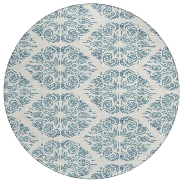 Chantille Machine Washable Indoor/Outdoor Abstract ACN2456 Teal 8 ft. x 8 ft. Round Rug