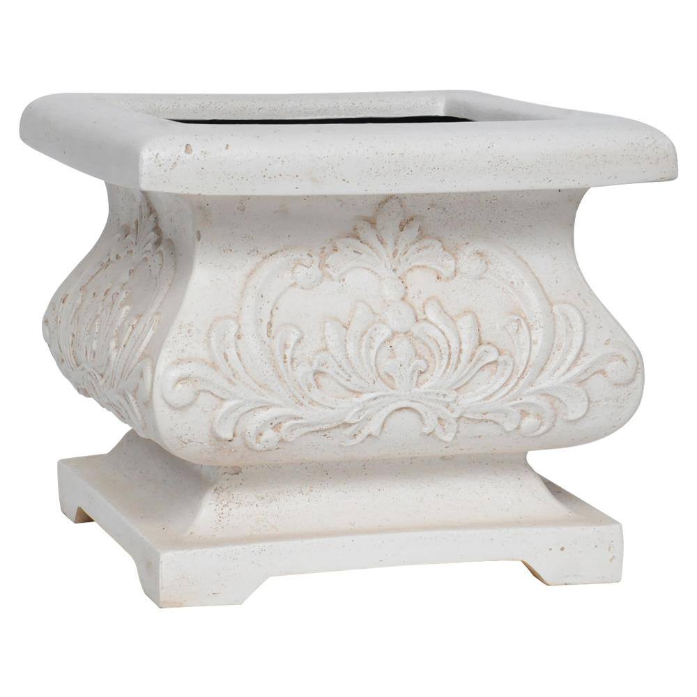 MPG 18 in. sq. Aged White Cast Stone Fiberglass Bombe Planter PF5795AW Sansujyuku sansujyuku.com