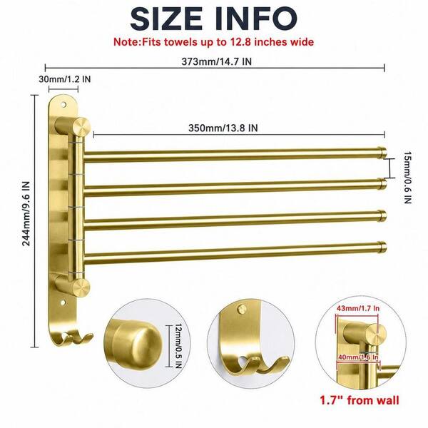 14.7 in. Stainless Steel Wall Mounted 4-Arm Towel Bar in Brushed Gold, Swivel Towel Rack with Hook