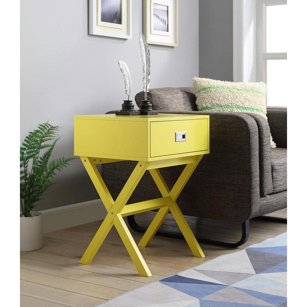 Yellow Wood End Table with Storage Drawer