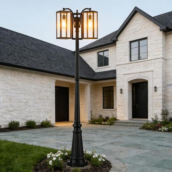 80"H 3-Light Matte Black Aluminum Weather Resistant Post Light Set with No Bulbs Included