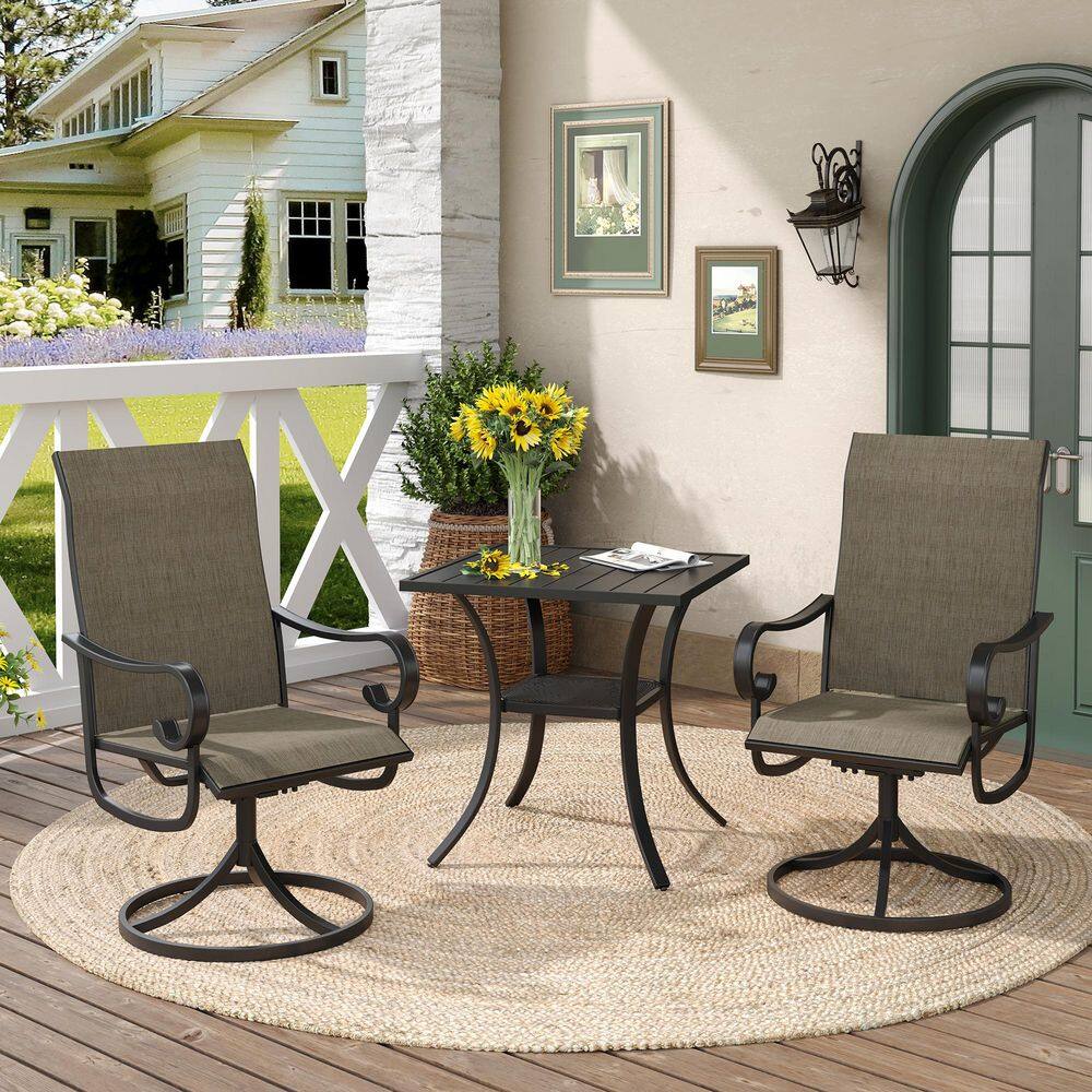 3 Piece Metal Outdoor Patio Dining Set with 27.6 in. Black Square Dining Table and 2 Brown Textilene Swivel Chairs price history on PriceWatchPro