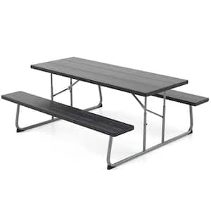 72 in. Black Rectangle Metal Picnic Table Frame and HDPE Tabletop Set Seats 8-People with Umbrella Hole