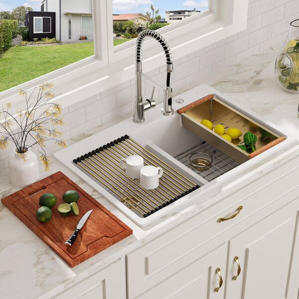 33 in. White Drop-in 50/50 Low Divide Double Bowl Quartz Composite Workstation Kitchen Sink with Accessories