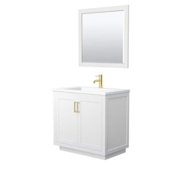 Wyndham Collection Miranda 36 in. W Single Bath Vanity in White with Solid Surface Vanity Top in White with White Basin and Mirror