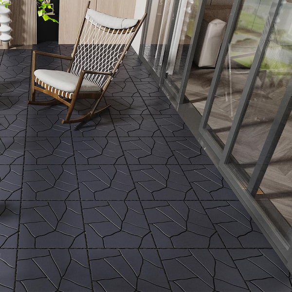 BTMWAY Dark Gray Stone Style DIY 1 ft. x 1 ft. All-Weather Plastic Outdoor Interlocking Deck Tiles, Garage Floor Tiles(44-Pack)