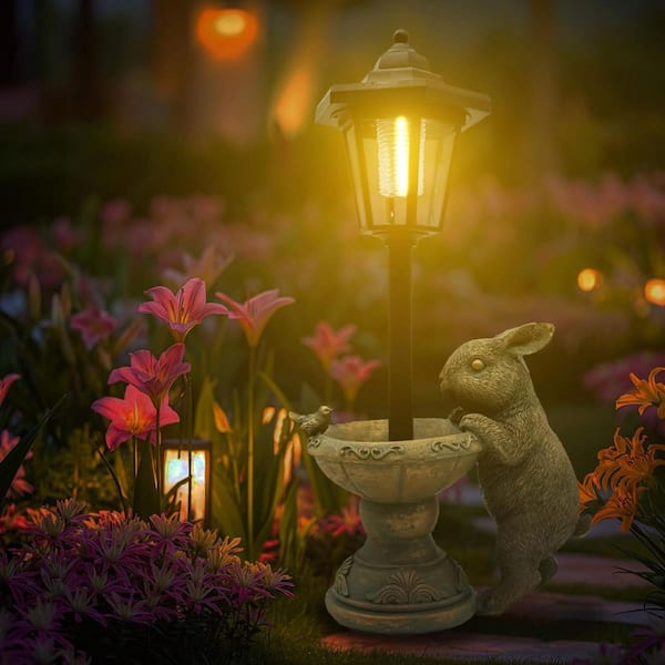 8 in. x 16 in. Bronze Resin Rabbit Garden Statue with Solar