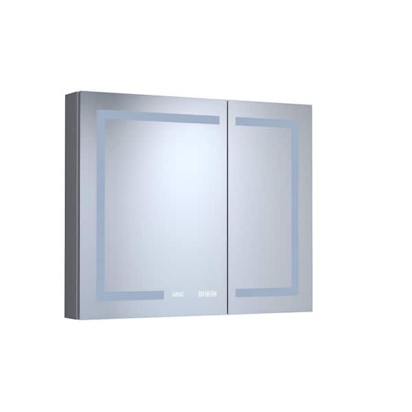 36 in. W x 30 in. H Rectangular Silver Aluminum Recessed/Surface Mount Medicine Cabinet with Mirror and LED