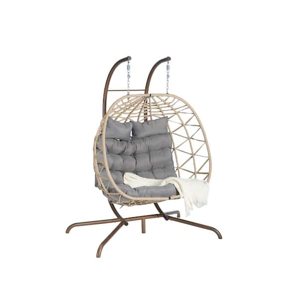 Sudzendf Modern Metal Large Light Yellow Ratten Double Seat Patio Swing Egg Chair with Gray Cushions