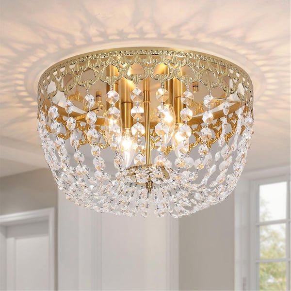Portland 4-Light 15 in. Gold Crystal Modern Flush Mount Lighting Hallway Bedroom Ceiling Lights Fixtures