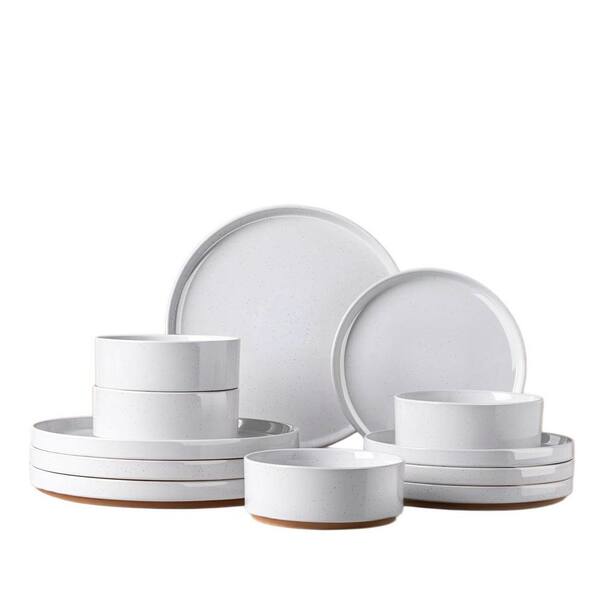 12-Piece White Ceramic Dinnerware Set (Service for 4), Speckled Stoneware Plates and Bowls with Unglazed Terracotta