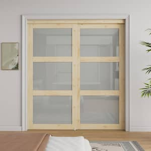 72 in. x 80 in. 5-Lite Frosted Glass Primed White Pine Wood Unfinished Interior Closet Sliding Door Hardware