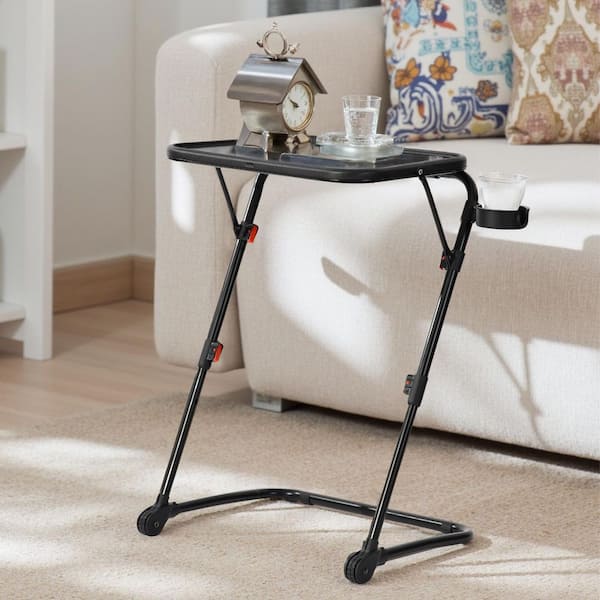 WONDER COMFORT 19.3 in. Black Small Foldable 4 Height and 3 Tilt Angle Laptop Desk TV Tray Table with Cup Holder and 2 Wheels