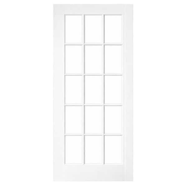 36 in. X 80 in. X 1-3/8 in. Clear Glass 15-Lite True Divided White Primed Solid Core Wood French Interior Door Slab