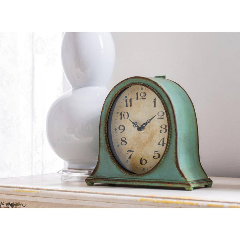Distressed Aqua Metal Mantel Clock with Wooden Base