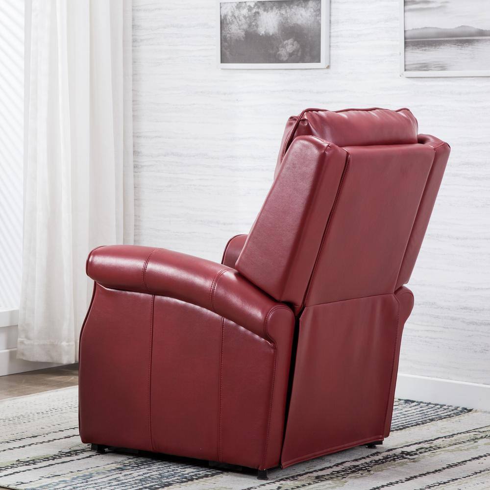 Transitional Red Leather Power Lift Recliner with Wooden Frame