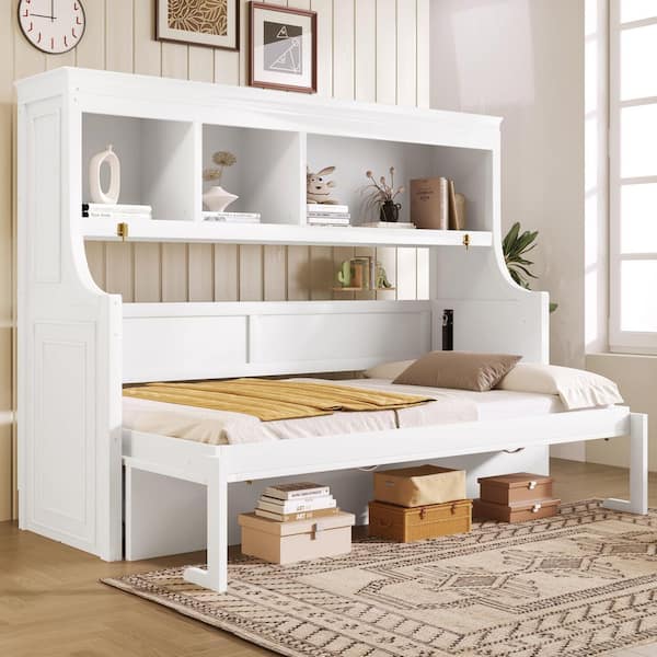 White Wood Frame Twin Murphy Bed with Desk, Storage Shelves