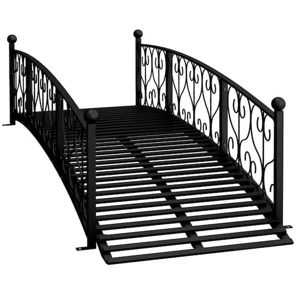 7' Metal Arch Garden Bridge with Safety Siderails, Delicate Scrollwork "S" Motifs for Backyard Creek, Stream, Black