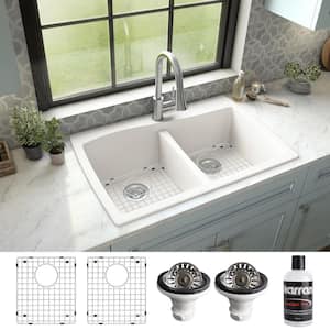 QT-720 Quartz/Granite 34 in. Double Bowl 50/50 Top Mount Drop-In Kitchen Sink in White with Bottom Grid and Strainer