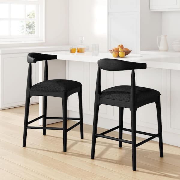 Modern 37.5 in. H Black Low Back Rubber Wood Counter Height Stool with Fabric Upholstered Seat (Set of 2)