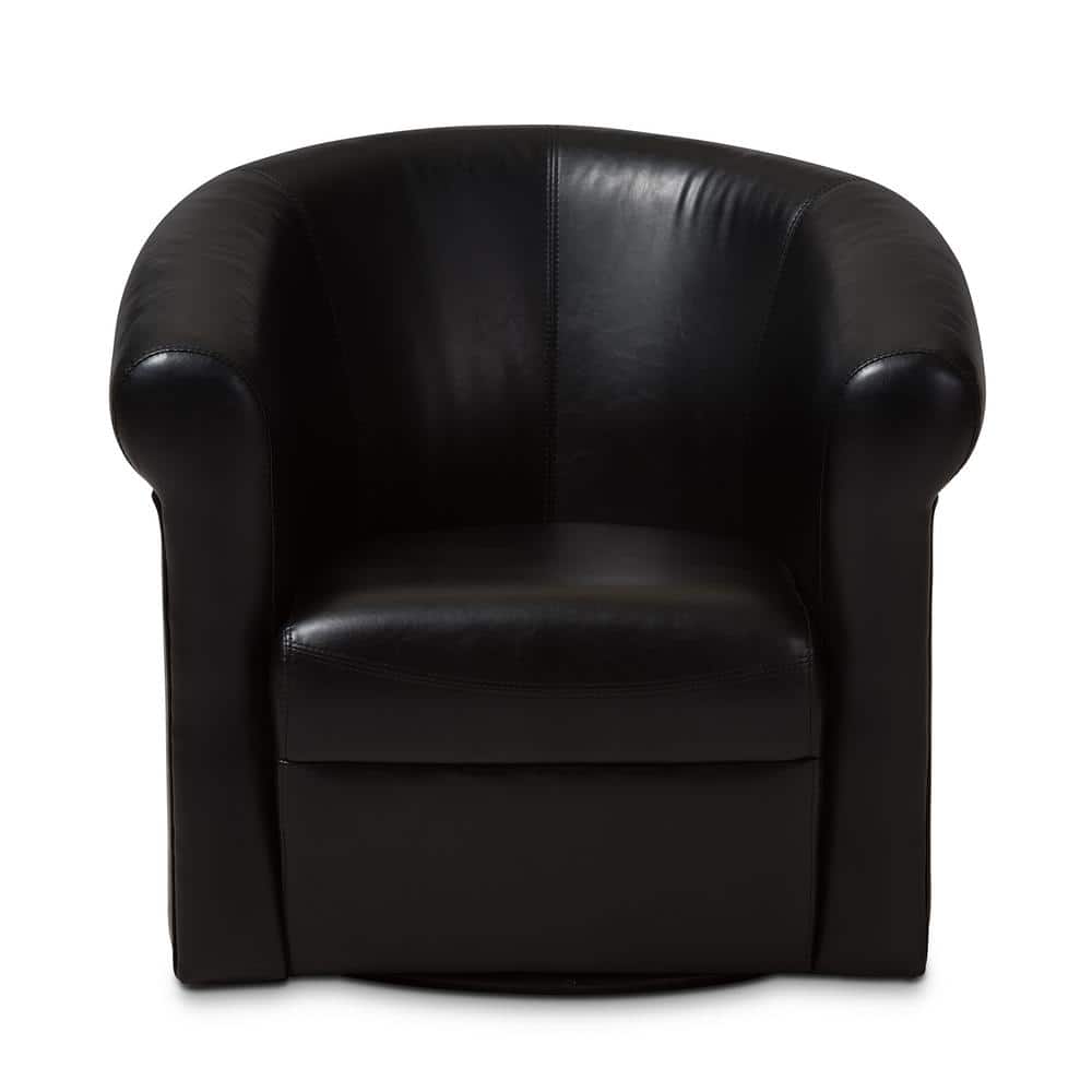Swivel Barrel Accent Chair in Black Faux Leather with Wooden Frame